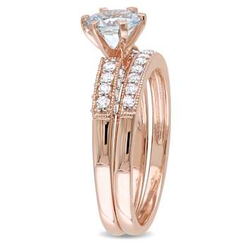 Aquamarine and Diamond 10K Rose Gold Bridal Ring Set 1.04ctw