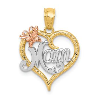 14K Tri-color Gold Textured MOM Heart Pendant