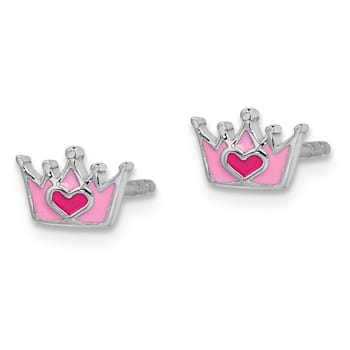 Rhodium Over Sterling Silver Enamel Pink Crown Children's Post Earrings