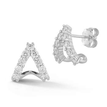Rachel Zoe CZ Pave J-Hoop Stud Earrings in Rhodium Over Sterling Silver