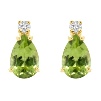 6x4mm Pear Shape Peridot with Diamond Accents 14k Yellow Gold Stud Earrings