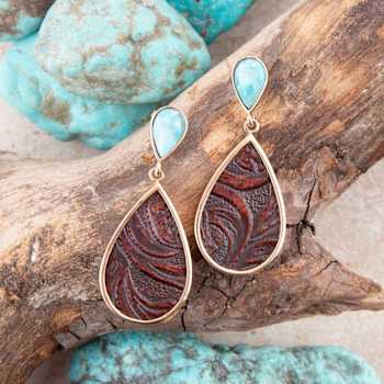 Barse Jewelry Composite Turquoise Rosette Leather & Gold Tone Dangle Earrings