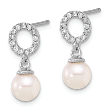 Rhodium Over 14K White Gold 6-7mm Round White Akoya Cultured Pearl and
0.20ctw Diamond Earrings