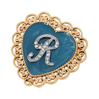 Gold Tone Filigree Heart Blue Enamel Initial Pin