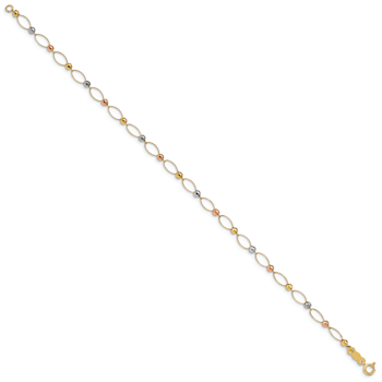14K Yellow, White and Rose Gold Oval Link Tri-color Mirror Beads Bracelet