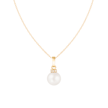 White Cultured Freshwater Pearl and Diamond 14K Yellow Gold Pendant 8-8.5mm