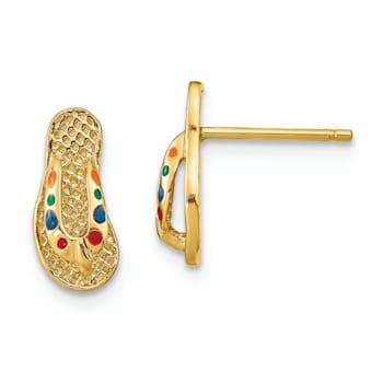 14k Yellow Gold Textured with Multi-Color Enamel 3D Flip-Flop Stud Earrings