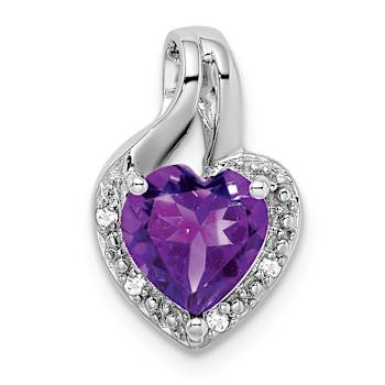 Rhodium Over 14k White Gold Amethyst and Diamond Heart Pendant