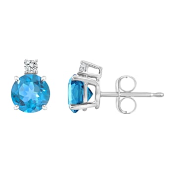5mm Round Blue Topaz with Diamond Accents 14k White Gold Stud Earrings