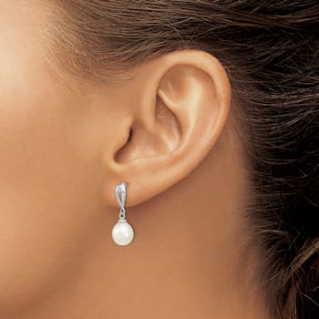Rhodium Over Sterling Silver 7-8mm White Freshwater Cultured Pearl Post
Dangle Earrings
