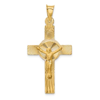 14k Yellow Gold Polished Satin and Diamond-Cut Crucifix Pendant