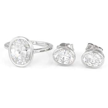 Bezel Set Oval CZ Ring And Earring Set In Platinum Over Sterling Silver