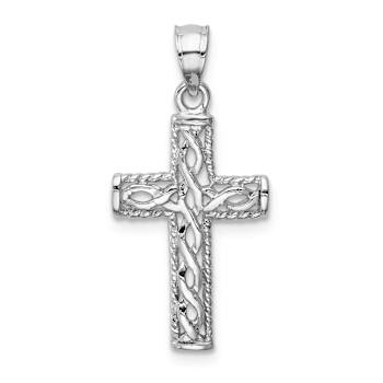 Rhodium Over 14k White Gold Polished and Textured Braided Cross Pendant