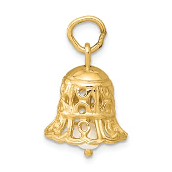 14k Yellow Gold 3D Textured Moveable Wedding Bell with Fresh Water
Cultured Pearl Charm