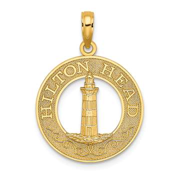 14k Yellow Gold Textured HILTON HEAD Lighthouse Round Charm