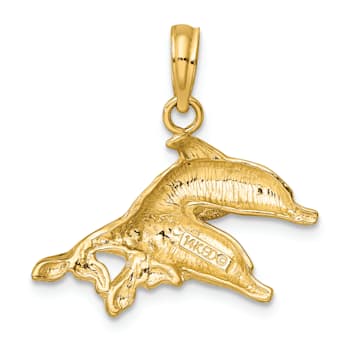 14k Yellow Gold Polished and Textured Dolphins Charm