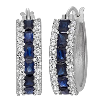 Lab-Created Blue And White Sapphire Hoop Earrings In Sterling Silver