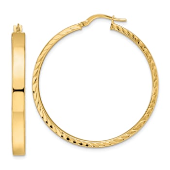 14k Yellow Gold Polished and Textured 1 9/16" Hoop Earrings