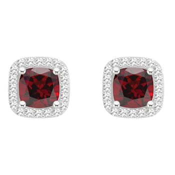 5mm Cushion Garnet 1/5 ctw Diamond Rhodium Over Sterling Silver Halo
Stud Earrings