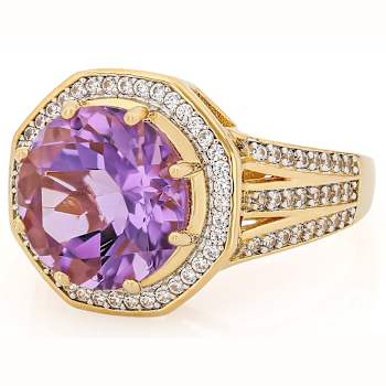 Amethyst Round And White Zircon Ring In 18K Gold Over Sterling Silver 4.29ctw