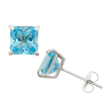 10K WHITE GOLD PRINCESS CUT SWISS BLUE TOPAZ EARRINGS, 2.6ctw