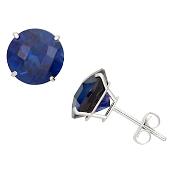 10K WHITE GOLD ROUND CREATED SAPPHIRE EARRINGS, 4.8ctw