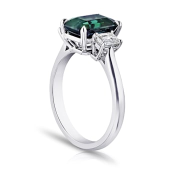 Rectangular Octagonal Green Sapphire and Diamond Platinum Ring 4.46ctw