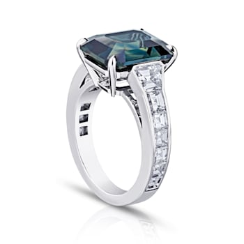 Emerald Cut Green Sapphire and Diamond Platinum Ring