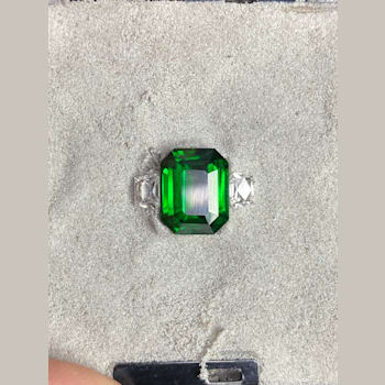 Platinum 7.02 Carat Emerald Cut Green Tsavorite and Diamond Ring