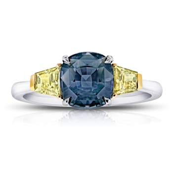 3.15ctw Cushion Greenish Blue Sapphire and Diamond Platinum Ring