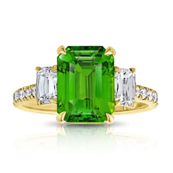Platinum 4.02 Carat Emerald Cut Green Tsavorite and Diamond Ring