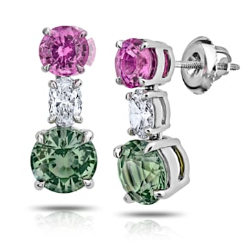 3.13 Carat Green and Pink Round Sapphire and Diamond Earrings