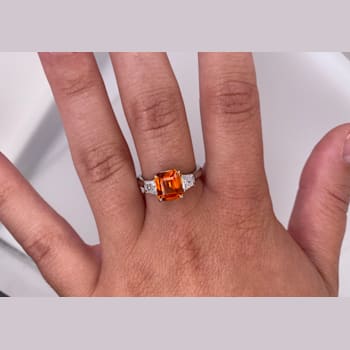 Rectangular Octagonal Orange Sapphire and Diamond Platinum Ring 3.84ctw
