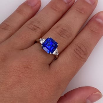 Square Blue Sapphire and Diamond Platinum Ring 6.23ctw