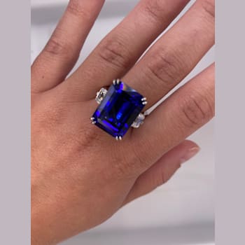 Rectangular Octagonal Blue Tanzanite and Diamond Platinum Ring 21.13ctw