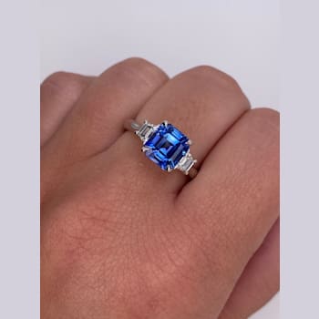 Rectangular Octagonal Blue Sapphire and Diamond Platinum Ring 3.64ctw