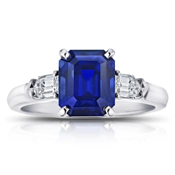 Rectangular Octagonal Blue Sapphire and Diamond Platinum Ring 4.24ctw
