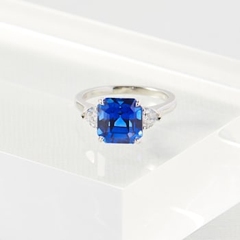 Square Blue Sapphire and Diamond Platinum Ring 6.23ctw