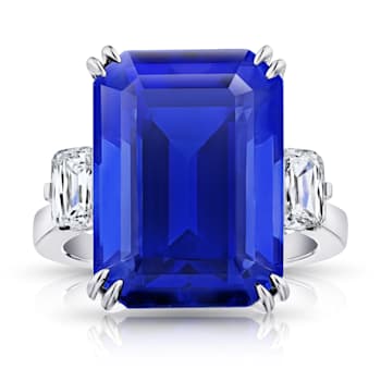 Rectangular Octagonal Blue Tanzanite and Diamond Platinum Ring 21.13ctw