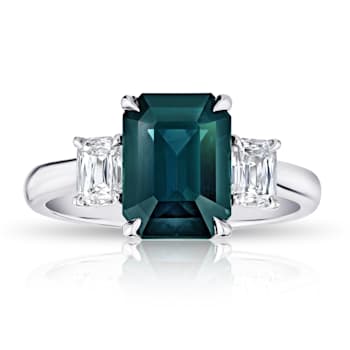 Rectangular Octagonal Green Sapphire and Diamond Platinum Ring 4.46ctw