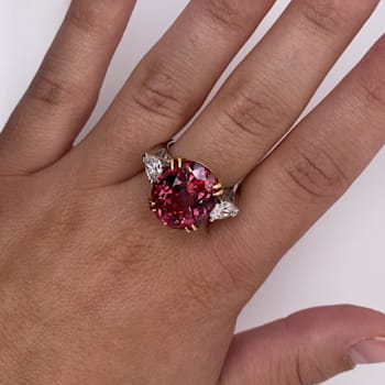 Oval Red Spinel and Diamond Platinum 3-Stone Ring 16.16ctw