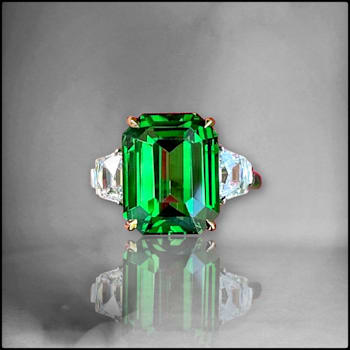 Platinum 7.02 Carat Emerald Cut Green Tsavorite and Diamond Ring