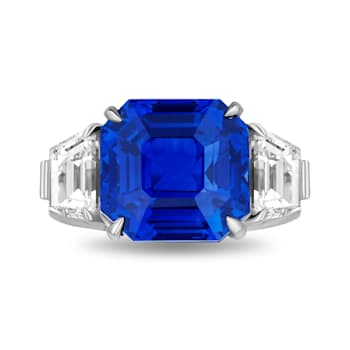 Platinum 11.08 Carat Square Emerald Blue Sapphire and Diamond Ring