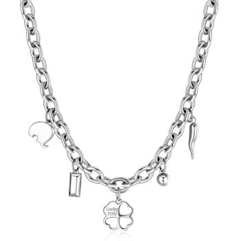 316L stainless charm necklace with four-leaf clover, elephant, lucky
horn pendants and crystals
