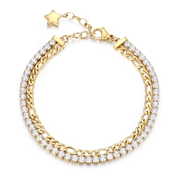 304 stainless steel double tennis bracelet and gold finishes with white
cubic zirconia.