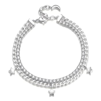 304 stainless steel double tennis bracelet with white cubic zirconia,
crystals and star pendants.