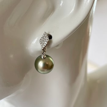 Rare and Flawless 11mm Natural Color Pistachio Tahitian Cultured Pearl
& Diamond Earrings