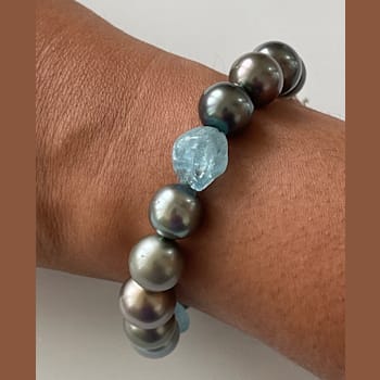 Lovely Tahitian 11mm Cultured Pearl & Aquamarines 7.25” Bracelet