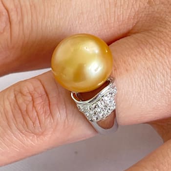 Rare 14mm Natural Color Golden South Sea Cultured Pearl Ring and White
Topaz accent