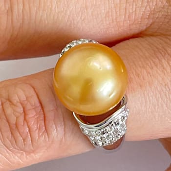 Rare 14mm Natural Color Golden South Sea Cultured Pearl Ring and White
Topaz accent